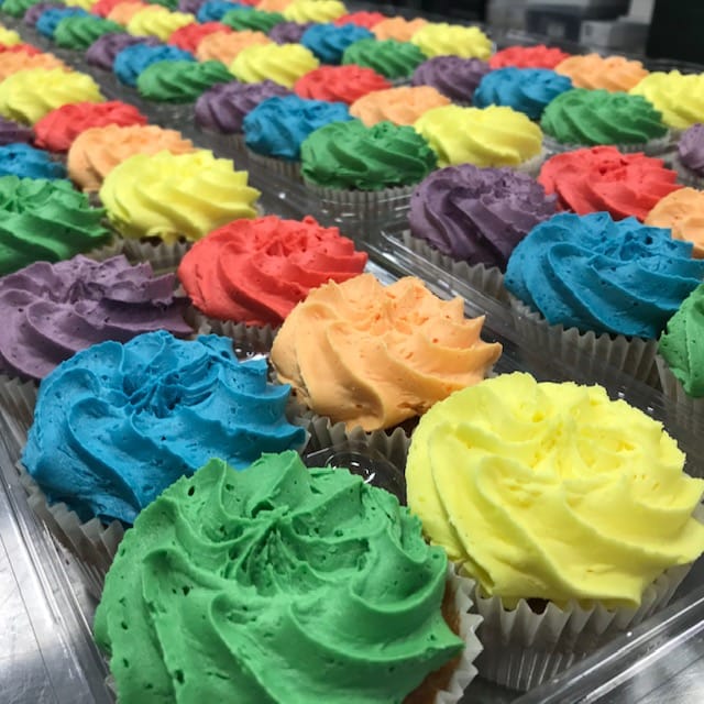 A close-up image of rows of pride cupcakes with swirled frosting in vibrant colors including red, orange, yellow, green, blue, and purple. The pride cupcakes are arranged in a visually appealing, orderly manner.